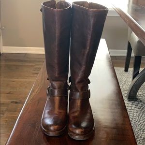 Tall, dark brown Frye Veronica back-zip boots